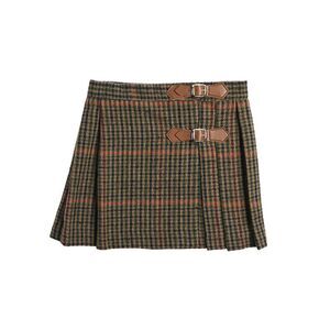 Pepa London Girls  Checked Tweed Pleated Leather Buckled Wool-Blend Kilt, Brown